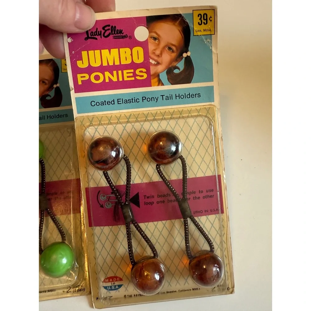 Vintage Lady Ellen Jumbo Ponies Hair Ties Coated Elastic Bead Green Brown 2 Pack